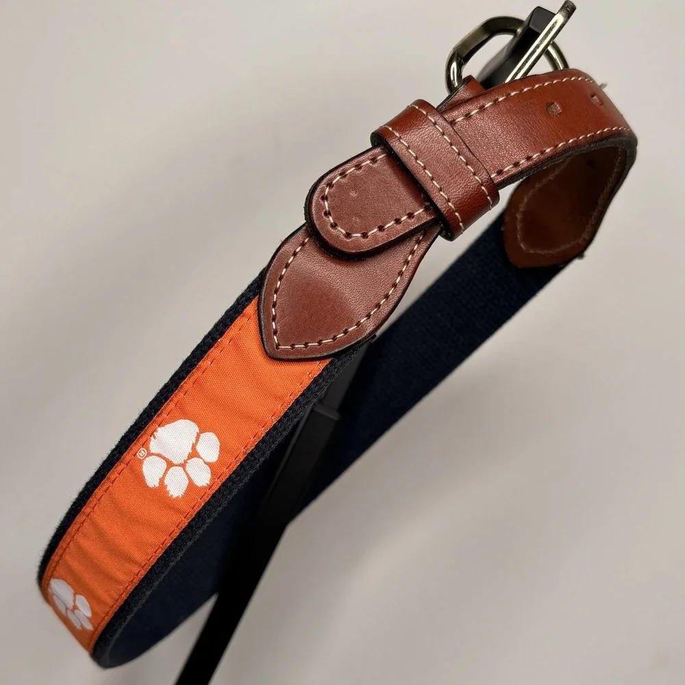 CLEMSON TIGERS Canvas Leather Belt Orange Solid Brass Buckle Boys Size 22 L 30